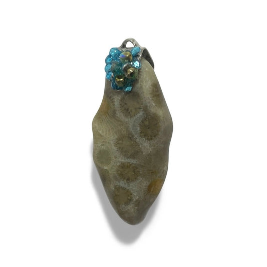 Petoskey Stone with Turquoise Crystal Pendant
