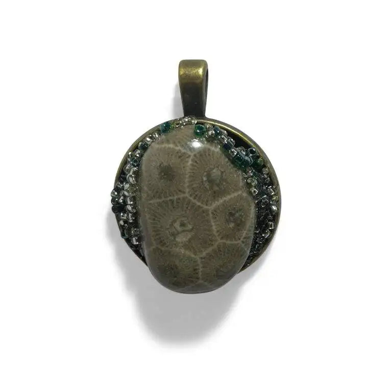 Lake Michigan Petoskey Stone Pendant (Green Crystals)