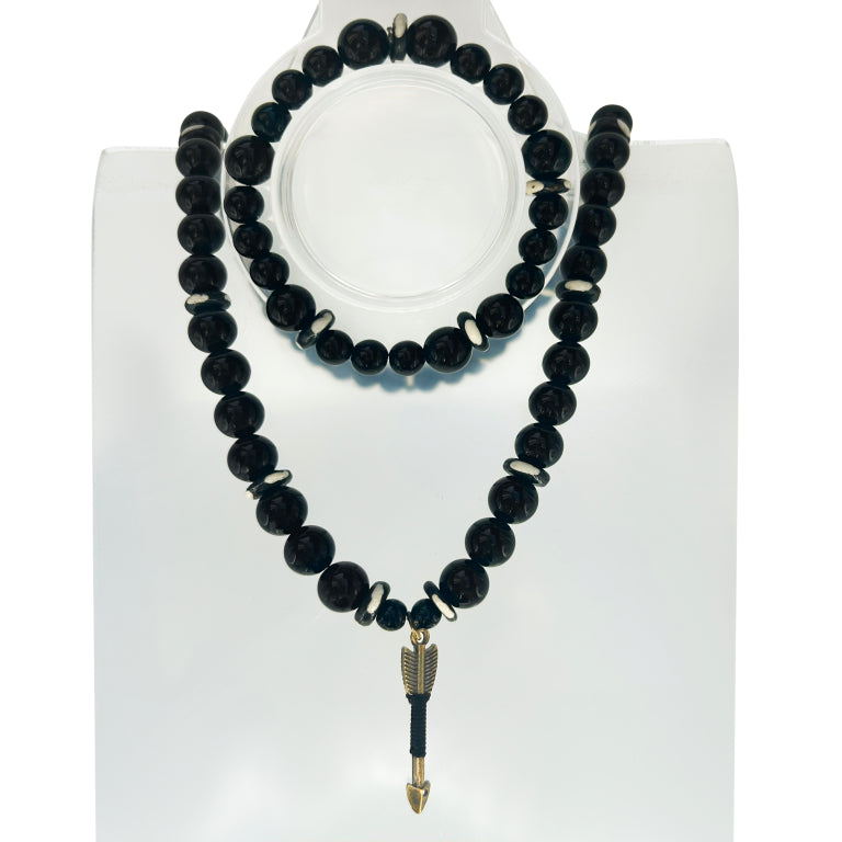 The Protection Pair – Black Onyx x White Earth Beads (Bracelet + Necklace Set)