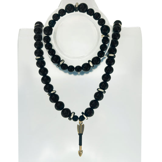The Protection Pair – Black Onyx x White Earth Beads (Bracelet + Necklace Set)
