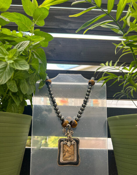Rooted Warrior – Hematite, Tiger’s Eye & Picture Jasper Necklace