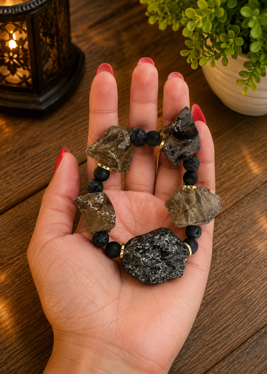 Raw Black Tourmaline & Smoky Quartz Grounding Bracelet