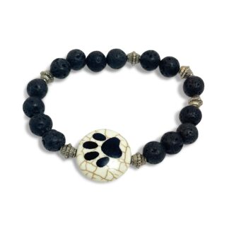 Black Volcanic Lava Stones with Silver Paw Print Bracelet