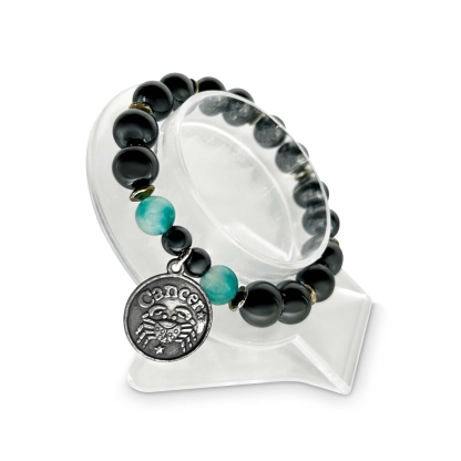 Cancer zodiac bracelet set with Hematite and Amazonite beads, featuring a silver Cancer charm – handcrafted by Andrea’s Earth.