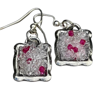 Sliver Dangle Earrings with Crystal Beads and Hot Pink Accents