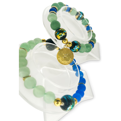 Back view of two Gemini zodiac bracelets showcasing green aventurine and dyed blue agate beads, with a gold charm reading “Intelligent” and the Gemini symbol.