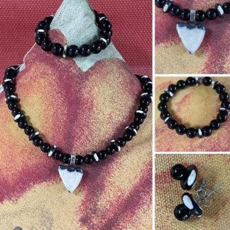 Black Jasper with African White Bead Accents, Matching Necklace, Bracelet and Post Earrings