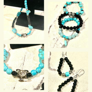 Turquoise and Black Jasper Crystals Matching Necklace, 3 Bracelets, and Earrings