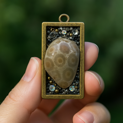Lake Michigan Petoskey Stone pendant held in hand, showing fossil coral detail with antique bronze frame and crystal accents.