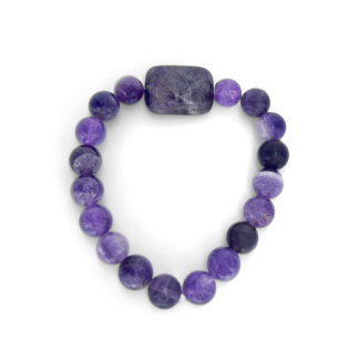 Amethyst crystal bracelet with round and rectangular beads on white background, handmade by Andrea’s Earth