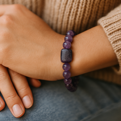 Amethyst Crystal Energy Bracelet worn on wrist in cozy indoor setting