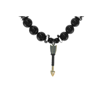 Close-up of Black Onyx necklace with arrow pendant and white earth bead accents on white background.