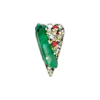 Heart-shaped emerald pendant with red, gold, and clear crystal accents on a white background
