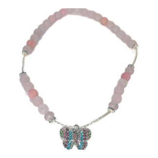 Rose Quartz Butterfly Necklace on a bright white background, featuring soft pink crystals and a sparkling multicolor butterfly charm.
