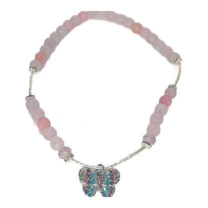 Rose Quartz Butterfly Necklace on a bright white background, featuring soft pink crystals and a sparkling multicolor butterfly charm.