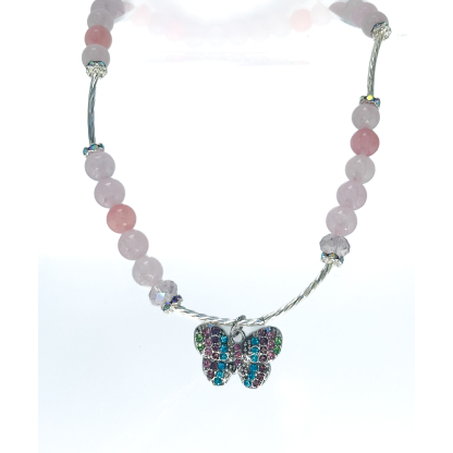 Rose Quartz Butterfly Necklace on white background, with enhanced color detail on the crystal butterfly charm and soft pink beads.